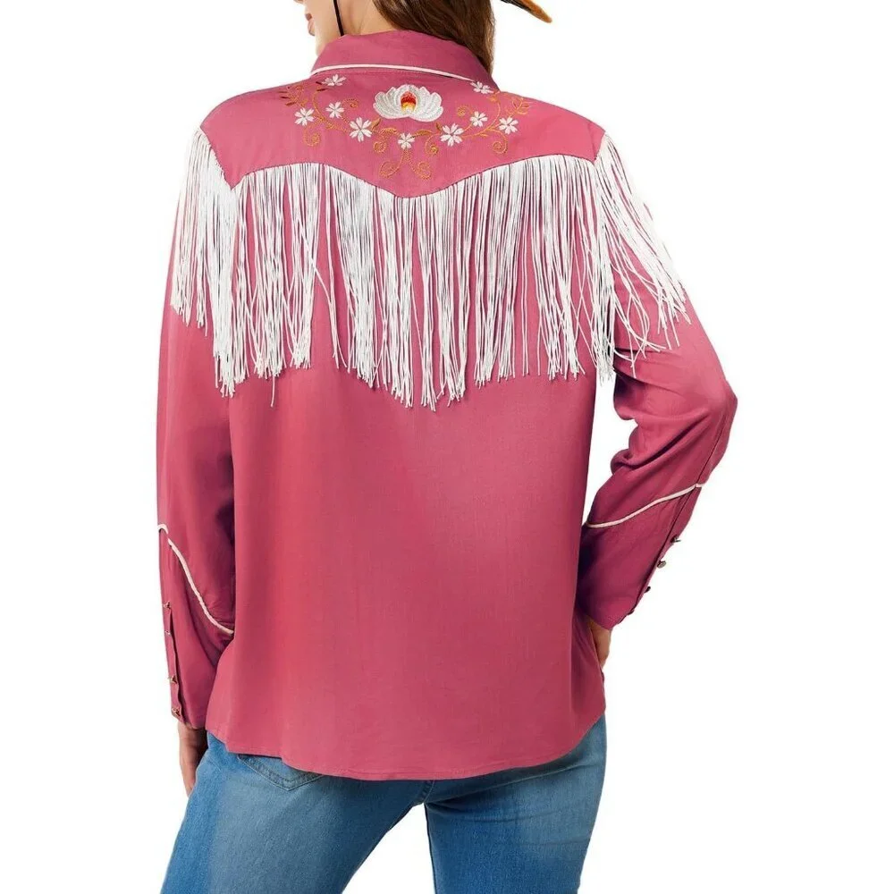 Women's Pink Floral Embroidered Fringe Western Rodeo Button Down Blouse Tops - Picture 2 of 5